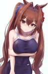  1girl absurdres animal_ears arm_under_breasts bare_shoulders blue_one-piece_swimsuit blush breasts brown_hair collarbone commentary_request competition_school_swimsuit daiwa_scarlet_(umamusume) hair_between_eyes hair_intakes hanba_agu highres horse_ears horse_girl horse_tail large_breasts long_hair looking_at_viewer one-piece_swimsuit red_eyes school_swimsuit simple_background solo swimsuit tail tiara tracen_swimsuit twintails umamusume very_long_hair white_background 