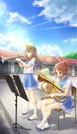  2girls bangs blue_neckwear blue_sailor_collar blue_skirt blue_sky brown_hair building chair cloud cloudy_sky commentary_request day euphonium eyebrows_visible_through_hair floating_hair funyariko green_eyes hair_ribbon hibike!_euphonium highres holding holding_instrument instrument kitauji_high_school_uniform long_hair multiple_girls music nakagawa_natsuki neckerchief on_chair outdoors parted_bangs playing_instrument pleated_skirt ponytail purple_eyes ribbon sailor_collar school_chair school_uniform shadow shirt shoes short_sleeves sitting skirt sky socks standing trumpet uwabaki v-shaped_eyebrows white_footwear white_legwear white_shirt window yellow_ribbon yoshikawa_yuuko 