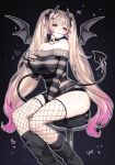  1girl bar_stool bare_shoulders black_ribbon black_socks blonde_hair breasts character_request choker closed_mouth colored_tips commission copyright_request demon_horns demon_tail demon_wings earrings fishnet_thighhighs fishnets hair_ornament hair_ribbon hairpin heart heart_choker highres horns jewelry multicolored_hair off-shoulder_sweater off_shoulder on_stool pink_eyes pink_hair pointy_ears ribbon sakichka sleeves_past_wrists socks solo spiked_choker spikes stool striped_clothes striped_sweater sweater tail thighhighs twintails twitter_username wings 