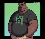 anthro bear belly big_nose black_background black_clothing black_shirt black_topwear blush blush_lines bottomwear brown_bear brown_body brown_fur clothing creeper_(minecraft) dynogreeno fur gradient_background green_background green_eyes hand_in_pocket hi_res male mammal microsoft minecraft mojang muscular muscular_male one_eye_closed overweight overweight_male piercing pockets shirt simple_background smile solo topwear ursine wink xbox_game_studios