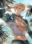  1boy abs artist_name bags_under_eyes beach blonde_hair bracelet bulge choker collarbone commentary_request ermine ferret forehead gem hand_in_own_hair hand_up jewelry joshua_drac large_pectorals looking_at_viewer male_focus male_swimwear male_underwear muscular muscular_male navel necklace nu_carnival official_alternate_costume orange_eyes palm_tree partially_open_jacket pectoral_cleavage pectorals ponytail quincy_(nu_carnival) quincy_(summer_landfall)_(nu_carnival) rope_belt sandals seaside see-through_clothes short_hair short_ponytail swim_trunks tight_clothes tree underwear upper_body v-taper veiny_crotch water water_drop weasel wet wet_clothes yellow_gem zipper zipper_pull_tab 