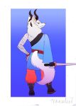 aged_up anthro asian_clothing bandage bandaged_arm belt big_horn black_boots black_clothing black_footwear black_gloves black_handwear black_horn black_shirt black_topwear blue_background blue_clothing blue_eyes blue_kimono boots bracelet canid canid_demon canine clothed clothing demon digital_media_(artwork) digital_painting_(artwork) east_asian_clothing eyebrows footwear fur furry_neck gloves gold_belt gradient_background handwear hellhound hi_res horn japanese_clothing jewelry katana kimono looking_at_viewer male mammal maxxell_matsubara melee_weapon mouselect mouth_closed mythological_canine mythological_creature mythology orange_boots orange_bracelet orange_clothing orange_footwear orange_panties orange_underwear painting_(artwork) panties pink_nose rear_view rectangle_background red_belt red_horn shirt shoes simple_background slim smile solo sword tail topwear traditional_media_(artwork) tuft_ears underwear weapon white_background white_body white_eyebrows white_fur wolf_tail