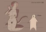 4_fingers absurd_res ambiguous_gender apode breasts censored comparing draconcopode duo female fingers forked_tongue genitals hi_res humanoid inverted_nipples legless markings naga nipples open_mouth reptairu scale_markings scales serpentine size_difference tail text tongue tongue_out vulva