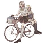  2girls alternate_costume alternate_hairstyle annie_leonhardt backpack bag bicycle blonde_hair blue_eyes bow bowtie brown_hair contemporary ground_vehicle hair_over_one_eye highres hitch_dreyse hood hoodie multiple_girls one_eye_closed parody pi0w0pi school_uniform shingeki_no_kyojin short_hair simple_background skirt uniform yellow_eyes younger yuri 