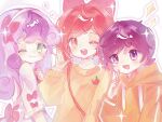 3girls acg49 apple_bloom blush child chinese_commentary commentary_request cutie_mark_crusaders fang flat_chest green_eyes hair_ribbon heart hood hoodie long_hair looking_at_viewer looking_back medium_hair multiple_girls my_little_pony my_little_pony:_friendship_is_magic one_eye_closed orange_hoodie orange_sweater personification purple_eyes purple_hair red_eyes red_hair ribbon scootaloo skin_fang sparkle sweater sweetie_belle upper_body white_background 