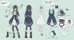  1girl :o absurdres aqua_necktie arrow_(symbol) belt belt_pouch black_hair black_pantyhose blue_jacket boots bow braid character_name clover_hair_ornament commentary_request dress epaulettes flower full_body glasses green_background hair_bow hair_flower hair_ornament hanakuma_chifuyu heel_up highres jacket lace-up_boots long_hair multiple_belts multiple_views necktie pantyhose pouch reference_sheet second-party_source side_cape simple_background single_epaulette sleeveless sleeveless_dress sleeveless_jacket synthesizer_v teshima_nari turnaround twin_braids white_dress 