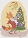  anthro anthro_on_anthro barefoot blush canid canine christmas christmas_tree clothed clothing disney duo fox fully_clothed fur green_eyes grey_body grey_fur hi_res holidays judy_hopps kissing lagomorph leporid mammal midair mistletoe nick_wilde nklove3104 orange_body orange_fur plant rabbit red_fox standing tree zootopia 