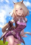  1girl absurdres animal_ears asymmetrical_gloves bare_shoulders black_gloves blonde_hair blue_sky blush bow bowtie breasts cloud collarbone commentary_request dress ear_covers gloves grey_bow grey_bowtie hanba_agu highres horse_ears horse_girl horse_tail jewelry long_sleeves looking_at_viewer medium_breasts mismatched_gloves narita_top_road_(the_proud_road)_(umamusume) narita_top_road_(umamusume) open_mouth purple_dress purple_eyes purple_shorts shorts single_ear_cover sky smile solo tail teeth thighlet umamusume upper_teeth_only white_gloves 