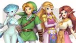  1boy 3girls :d belt blonde_hair blue_eyes breasts cowboy_shot dress earrings elbow_gloves gloves green_tunic jewelry large_breasts link long_hair looking_at_viewer malon master_sword medium_breasts multiple_girls neckerchief no_pussy older open_mouth princess_ruto princess_zelda purple_eyes red_hair short_sleeves smile the_legend_of_zelda the_legend_of_zelda:_ocarina_of_time triforce tunic 