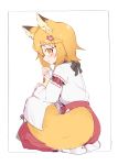  1girl absurdres animal_ears blonde_hair eds fang fox_ears fox_girl fox_tail hakama highres japanese_clothes kimono seiza senko_(sewayaki_kitsune_no_senko-san) sewayaki_kitsune_no_senko-san short_hair sitting skin_fang solo tail yellow_eyes 