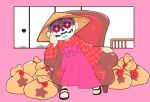  ambiguous_gender animal_crossing armchair borrowed_character chair commission glowing glowing_eyes hakama hand_on_own_cheek hand_on_own_face hat head_on_hand head_rest indoors inkerton-kun japanese_clothes kimono long_sleeves looking_at_viewer mask money_bag on_chair original pink_background pink_hakama red_eyes red_kimono rice_hat sack sandals second-party_source sitting skull_mask slides villager_(animal_crossing) wide_sleeves 