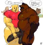 anthro balls bear big_balls big_penis bodily_fluids brown_body clothing confusion dialogue disney duo flirting genital_fluids genitals glans hand_on_hip hand_on_penis happy heart_symbol hi_res leaking_precum long_penis male male/male mammal masturbation muranoshisoka musclegut muscular open_mouth penis pooh_bear precum precum_string pubes purple_glans red_clothing red_shirt red_topwear reference_image round_ears russian_text shirt small_penis smile soyuzmultfilm speech_bubble text toony topwear translated wide_hips winnie_the_pooh_(franchise) yellow_body