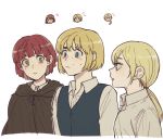  1boy 2girls armin_arlert blonde_hair blue_eyes brown_eyes brown_hair cape chibi chibi_inset christa_renz cloak collared_shirt confused long_hair look-alike multiple_girls nifa_(shingeki_no_kyojin) otoko_no_ko pi0w0pi ponytail red_hair shingeki_no_kyojin shirt short_hair sweat sweatdrop tied_hair trait_connection vest yellow_eyes 