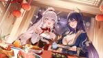  2girls absurdres aerial_fireworks bare_shoulders black_hair blue_eyes breasts cleavage commentary_request fireworks food grey_hair hand_up high_ponytail highres holding holding_spoon holding_tray honkai_(series) honkai_impact_3rd indoors kiana_kaslana kiana_kaslana_(ba-dum!_fiery_wishing_star) lantern large_breasts long_hair long_sleeves looking_at_another multiple_girls open_mouth ponytail purple_eyes purple_hair raiden_mei raiden_mei_(xentinel:_dawnbearing_crescent) second-party_source seorang smile sparkle spoon symbol-shaped_pupils tray very_long_hair 