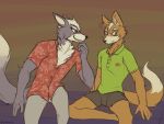  anthro bed blush bottomwear canid canine canis clothing duo fox fox_mccloud fur furniture grey_body grey_fur male male/male mammal nintendo orange_body orange_fur pants shirt star_fox topwear video_games vimes_(artist) wolf wolf_o&#039;donnell 