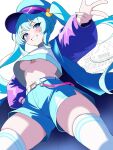  1girl alternate_costume aqua_hair aqua_hat aqua_shorts aqua_trim belt blue_eyes blue_jacket breasts commentary crop_top double-parted_bangs from_below gradient_eyes grin hair_between_eyes hair_ornament hand_on_own_hip hand_up hat hatsune_miku heart heart_hair_ornament highres jacket long_hair loose_belt midriff multicolored_eyes navel newsboy_cap oekakishizuku open_clothes open_jacket pink_belt purple_eyes purple_sleeves shirt shorts sidelocks smile solo standing thighhighs twintails underboob v-shaped_eyebrows vocaloid white_background white_belt white_shirt white_thighhighs 
