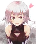  1girl :d ayatori_(sensei_heroism) bandaged_arm bandages bangs breasts cleavage cleavage_cutout collarbone eyebrows_visible_through_hair fate/apocrypha fate_(series) green_eyes hair_between_eyes heart jack_the_ripper_(fate/apocrypha) looking_at_viewer open_mouth shiny shiny_hair short_hair silver_hair sketch small_breasts smile solo upper_body white_background 