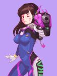  1girl acronym animal_print bangs blue_bodysuit bodysuit breasts brown_hair bunny_print charm_(object) chib0b d.va_(overwatch) eyebrows_visible_through_hair facepaint facial_mark gloves gun headphones high_collar highres long_hair medium_breasts one_eye_closed overwatch pilot_suit purple_background ribbed_bodysuit shoulder_pads simple_background skin_tight solo swept_bangs weapon whisker_markings white_gloves 