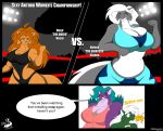 anthro big_breasts breasts chris_t._snuggleskunk cjshadorunner cleavage clothed clothing daryl_vecat dialogue domestic_cat english_text eyewear felid feline felis female fighting_ring glasses group huge_breasts kelsey_sienna leviathan male mammal mephitid micky skunk text wrestling 