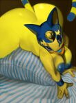 animal_crossing ankha_(animal_crossing) anthro areola big_areola big_breasts big_butt biped blue_hair breasts butt domestic_cat felid feline felis female hair huge_butt huge_hips inverted_nipples jewelry looking_away lying makeup mammal markings mighty-whydah nintendo nipples nude on_front on_pillow pillow solo striped_markings striped_tail stripes tail tail_markings uraeus wide_hips yellow_body