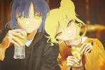  2girls beithesprout black_jacket blonde_hair blue_hair blurry blurry_background bocchi_the_rock! closed_mouth cup food fruit glass head_on_another's_shoulder head_tilt highres holding holding_cup ijichi_nijika jacket lemon lemon_slice looking_at_viewer multiple_girls orange_eyes raised_eyebrows shirt short_hair side_ponytail smile sweater upper_body white_shirt yamada_ryo yellow_eyes yellow_sweater 
