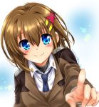  1girl black_shirt blue_eyes brown_jacket closed_mouth dated dress_shirt eyebrows_visible_through_hair foreshortening hair_ornament jacket long_sleeves looking_at_viewer lyrical_nanoha mahou_shoujo_lyrical_nanoha_strikers military military_uniform navy_blue_neckwear necktie pointing pointing_at_viewer san-pon shirt short_hair smile solo tsab_ground_military_uniform twitter_username uniform white_shirt wing_collar x_hair_ornament yagami_hayate 