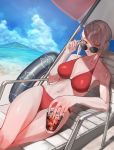  1girl beach bikini braid breasts chair crossed_legs cup drinking_glass fate/grand_order fate_(series) florence_nightingale_(fate/grand_order) highres ice ice_cube innertube lounge_chair makitoshi0316 navel ocean parasol pink_hair red_bikini red_eyes sunglasses swimsuit umbrella 