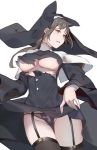  1girl areola_slip areolae black_dress blush brown_hair cross dress fingernails garter_straps kenpenghaoxuan long_hair nun orange_eyes original panties parted_lips simple_background smile solo thighhighs torn_clothes turtleneck underwear white_background 