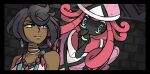  1girl artist_name artsy-theo bare_shoulders black_border black_hair border brick_wall closed_mouth collarbone commentary dark-skinned_female dark_skin earrings english_commentary jewelry lips necklace olivia_(pokemon) pokemon pokemon_(creature) pokemon_sm short_hair tapu_lele 