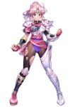  &gt;:) 1girl armor black_legwear circlet clenched_hands commentary_request dragon_quest dragon_quest_dai_no_daibouken fingerless_gloves full_body gloves greaves highres knee_guards long_hair looking_at_viewer maam matsuda_(matsukichi) pantyhose pauldrons pink_footwear pink_gloves pink_hair purple_eyes shoes simple_background solo standing torn_clothes torn_legwear v-shaped_eyebrows white_background 
