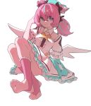  1girl aqua_streaks aria_(zenless_zone_zero) blue_eyes bridal_legwear commentary_request crossed_bangs detached_collar dress feet full_body green_halo hair_between_eyes halo highres knees_together_feet_apart knees_up looking_at_viewer mobanche255 multicolored_hair no_shoes pink_hair pink_socks puffy_short_sleeves puffy_sleeves short_sleeves sitting smile socks soles solo star-shaped_pupils star_(symbol) stirrup_legwear streaked_hair symbol-shaped_pupils toeless_legwear toes white_dress white_wings wings zenless_zone_zero 