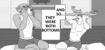  anthro beastars bed bedroom blush canid canine canis cervid clothed clothing duo english_text eyes_closed furniture hi_res im_meme legoshi_(beastars) louis_(beastars) male male/male mammal monochrome muscular text topless wolf 