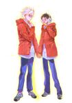  2boys black_hair blue_eyes blue_pants blush coat duffel_coat earmuffs eye_contact gloves grid_background height_difference highres holding_hands ikari_shinji looking_at_another male_focus multiple_boys nagisa_kaworu neon_genesis_evangelion pants partially_unbuttoned red_coat red_eyes shoes short_hair simple_background sparkle ssssenferda standing white_background white_hair yaoi yellow_gloves 