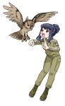  1girl :d animal belt bird eva_(kavunyak) full_body hair_bun jacket japanon long_hair long_sleeves military military_uniform open_mouth original owl pants russo-ukrainian_war single_hair_bun smile solo standing transparent_background 