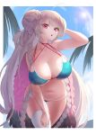  1girl aqua_bikini arm_up azur_lane bangs bikini blush braid braided_bun breasts cleavage criss-cross_halter day double_bun eyebrows_visible_through_hair feather_boa formidable_(azur_lane) formidable_(the_lady_of_the_beach)_(azur_lane) gooak halterneck highres huge_breasts long_hair looking_at_viewer multi-strapped_bikini navel open_mouth palm_leaf red_eyes sidelocks single_thighhigh solo swimsuit thick_thighs thighhighs thighs very_long_hair 