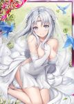  1girl akkijin bare_shoulders bird blue_eyes breasts bridal_veil cleavage clover_(flower) dress flower gloves jewelry lawn looking_at_viewer medium_breasts necklace official_art oracle_(shinkai_no_valkyrie) outdoors seiza shinkai_no_valkyrie silver_hair sitting tiara veil wedding_dress white_gloves 