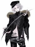  1boy absurdres alternate_costume belt black_hat black_jacket black_nails black_pants blue_eyes chinese_commentary commentary_request earrings epaulettes face_piercing fashion fur-trimmed_jacket fur_trim goth_fashion grey_belt hat highres holding holding_sword holding_weapon identity_v jacket jewelry joseph_desaulniers lip_piercing lips long_hair long_sleeves lu87168373 male_focus multiple_belts pants partially_open_jacket piercing simple_background solid_eyes solo stomach stud_earrings sword weapon white_background white_hair 