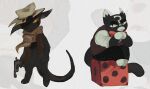 2026 3_toes ambiguous_anthro ambiguous_gender anthro barefoot biped black_body black_bottomwear black_clothing black_ears black_eyes black_fur black_pants black_tail black_topwear black_vest bottomless bottomless_ambiguous bottomless_anthro bottomwear bow_tie clothed clothed_anthro clothing colored dice digital_media_(artwork) dipstick_ears domestic_cat duo ear_markings eye_scar facial_markings facial_scar featureless_crotch feet felid feline felis forehead_markings front_view full-length_portrait fully_clothed fully_clothed_anthro fur gambit_(mewgenics) gloves_(marking) gun handgun hat head_markings headgear headwear hi_res holding_gun holding_handgun holding_object holding_ranged_weapon holding_revolver holding_weapon kerchief leg_markings looking_at_viewer male male_(lore) male_anthro mammal markings mewgenics monotone_body monotone_fur monotone_tail multicolored_body multicolored_ears multicolored_fur muzzle_(marking) neckerchief neckwear pants portrait pupils question_mark ranged_weapon red_bow_tie red_eyes revolver scar schmingo shaded shirt sitting slit_pupils snaggle_tooth socks_(marking) standing tail toes topwear two_tone_body two_tone_ears two_tone_fur vest weapon white_body white_clothing white_ear_tips white_ears white_fur white_markings white_shirt white_topwear yellow_sclera zodiac_(mewgenics)