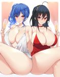  2girls ahoge alcohol azur_lane backless_dress backless_outfit bangs bare_shoulders black_hair blue_hair blue_nails blush breasts champagne champagne_flute choker cleavage cocktail_dress collarbone commentary_request crossed_legs cup curvy dress drinking_glass earrings evening_gown eyebrows_visible_through_hair grey_dress grin hair_between_eyes hair_ornament hairclip halter_dress highres holding holding_cup jewelry kuavera large_breasts looking_at_viewer multiple_girls nail_polish necklace one_side_up pink_eyes plunging_neckline red_choker red_dress red_eyes revealing_clothes side_ponytail sidelocks silver_dress sitting smile st._louis_(azur_lane) st._louis_(luxurious_wheels)_(azur_lane) taihou_(azur_lane) taihou_(forbidden_feast)_(azur_lane) thick_thighs thighs 