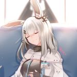  1girl alternate_costume animal_ears arknights bunny_ears chinese_commentary closed_eyes commentary_request couch eyebrows_visible_through_hair facial_scar fingerless_gloves frostnova_(arknights) gloves highres lanelise name_tag nose_scar rhodes_island_logo scar smile solo white_hair 