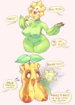  ... absurd_res anthro big_breasts blush bodily_fluids breast_size_difference breasts dialogue drawfruit duo english_text hi_res huge_breasts nintendo nipples nude open_mouth open_smile pok&eacute;mon pok&eacute;mon_(species) simple_background smile sunflora sunkern sweat text thick_thighs video_games wide_hips 