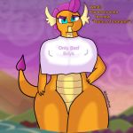  1:1 2020 aged_up anthro big_breasts big_butt breasts butt clothing curvy_figure digital_media_(artwork) dragon english_text female friendship_is_magic hair hand_on_butt hi_res looking_at_viewer my_little_pony orange_body purple_hair shaded shirt smolder_(mlp) solo standing text topwear zelienpony 