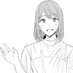  1girl :d bangs blush collared_shirt greyscale hand_up high_collar highres hiwatari_rin long_hair looking_at_viewer monochrome open_mouth original shirt simple_background smile solo swept_bangs waving white_background 
