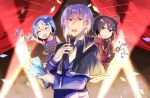  1girl 2boys :d ^_^ ahoge ascot bare_shoulders black_capelet black_eyes black_hair blue_bow blue_hair blue_hairband blue_jacket blue_shirt blue_tank_top blush bow bow_hairband brooch capelet claire_elford closed_eyes closed_mouth collared_capelet collared_shirt commentary_request confetti crescent crescent_earrings curtains dyed_ahoge earrings fumi_(rdbm) gem hair_between_eyes hair_bow hair_tubes hairband happy highres holding holding_party_popper hood hood_down hoodie jacket jewelry looking_at_viewer multiple_boys party_popper pendant purple_hair red_eyes red_gem red_hair red_hoodie searchlight shirt short_hair single_earring single_hair_tube single_sidelock sirius_gibson smile stage_curtains suit_jacket talisman tank_top throwing throwing_confetti upper_body white_ascot wilardo_adler witch's_heart 