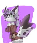  2020 absurd_res anthro belt bottomless butt canid canine clothed clothing digital_media_(artwork) dress fox fur galo girly hair hi_res looking_at_viewer male mammal may raised_tail silver_hair solo spots white_body white_fur wide_hips ych_(character) young 
