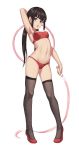  1girl arm_up armpits bangs black_legwear blunt_bangs blush breasts brown_eyes brown_hair candy chinese_commentary commentary eyebrows_visible_through_hair food food_in_mouth full_body holding hoop hula_hoop lollipop long_hair looking_at_viewer low_twintails mool_yueguang mouth_hold navel open_mouth original pigeon-toed red_footwear simple_background small_breasts solo sports_bra standing stomach thighhighs twintails white_background 