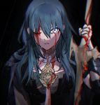  1girl armor blood blood_on_face blue_eyes blue_hair byleth_(fire_emblem) byleth_(fire_emblem)_(female) clovisxvii fire_emblem fire_emblem:_three_houses holding holding_sword holding_weapon one_eye_closed parted_lips solo sword sword_of_the_creator upper_body weapon 