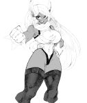  1girl absurdres animal_ears bare_shoulders boku_no_hero_academia breasts bright_pupils bunny_ears clenched_hands covered_navel dark_skin floating_hair gloves greyscale hand_on_hip highleg highleg_leotard highres large_breasts leotard long_hair looking_at_viewer mirko monochrome open_mouth rye_(hyn_uka) simple_background smile solo thighhighs very_long_hair white_background 