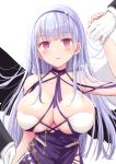  1girl akasaka_asa artist_name azur_lane bare_shoulders blush breasts cleavage criss-cross_halter dido_(anxious_bisque_doll)_(azur_lane) dido_(azur_lane) disembodied_hands dress eyebrows_visible_through_hair hairband halter_dress halterneck large_breasts large_wings long_dress long_hair multiple_hands pink_eyes purple_dress purple_hair purple_hairband simple_background skindentation sleeveless sleeveless_dress 