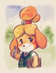  animal_crossing anthro ballpoint bell black_eyes blonde_hair brown_body brown_fur canid canine canis clipboard clothed clothing domestic_dog female fur hair hi_res isabelle_(animal_crossing) jingle_bell jonas looking_at_viewer mammal nintendo pen smile solo topwear vest video_games white_body white_fur 
